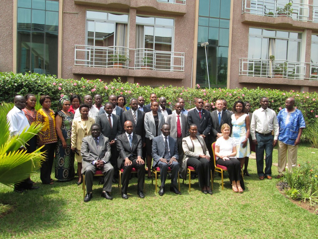 Group photo for Judges and EACJ staff with the Chief Justice Hon. Sam Rugege (M), Minister for EAC Affairs Republic of Rwanda Hon. Valentine Rugwabizi (2nd L), EACJ Judge President, Hon. Dr. Emmanuel Ugirashebuja (2nd R), Former EACJ Judge President, Hon. Harold Nsekela (Last L)and Representative of Sweden, in Kigali (last R)